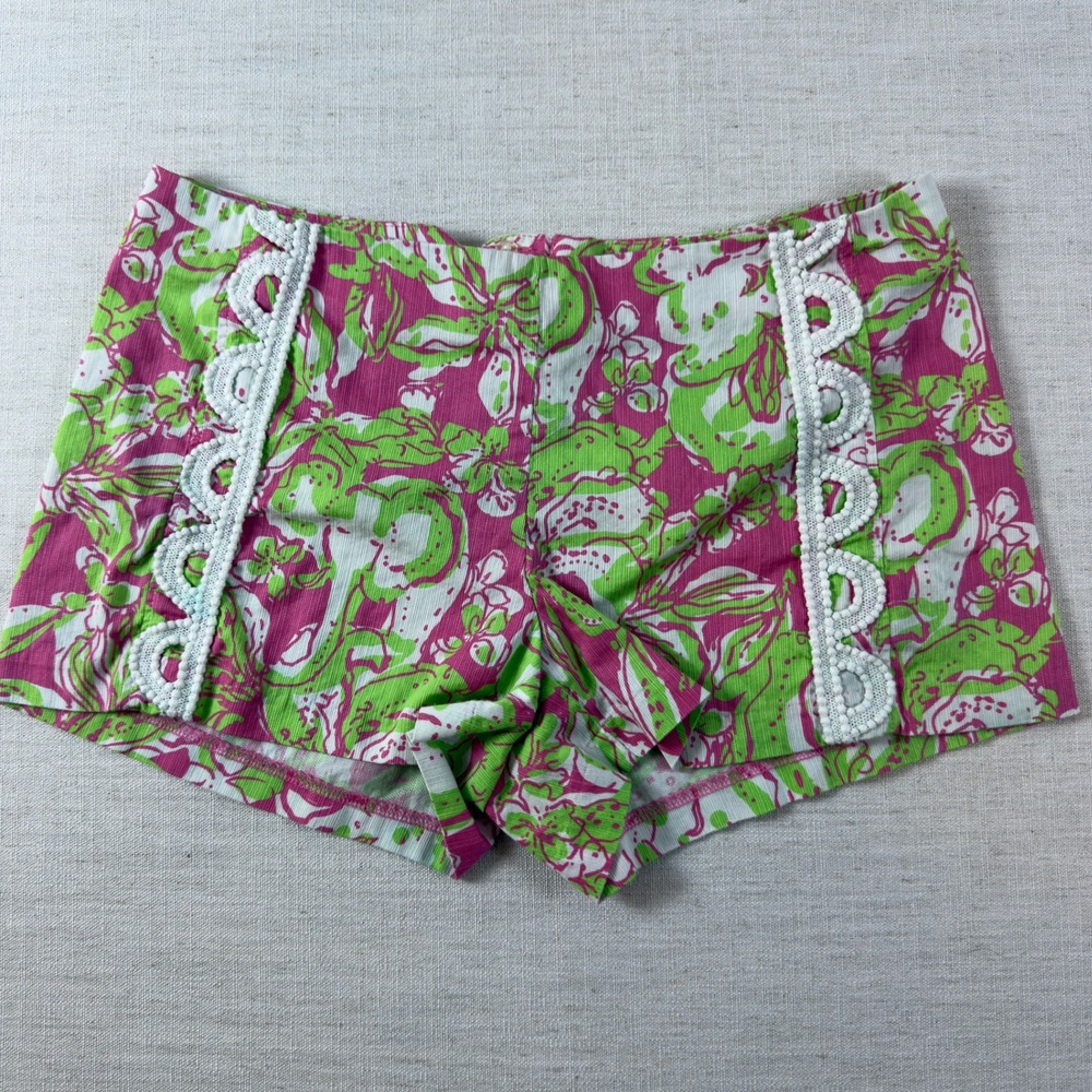 Lilly Pulitzer Callahan Shorts Womens 10 Pink Green Floral Eyelet Lace Trim